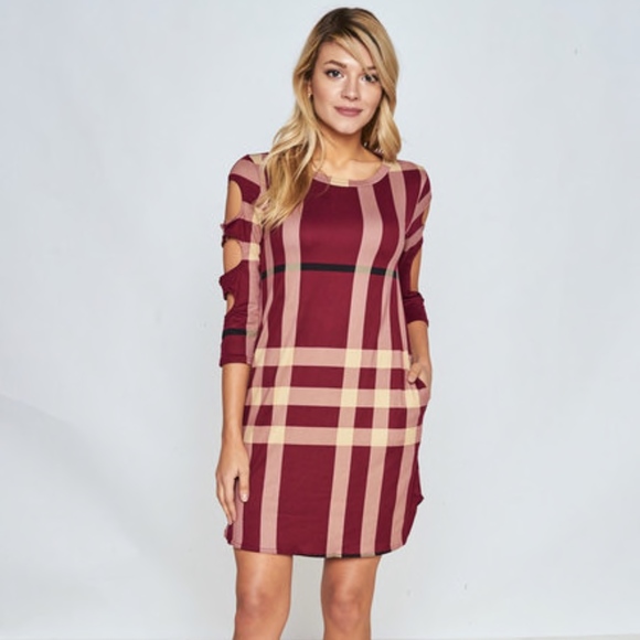 Wine Plaid Cut Out Sleeve Shift Dress - Picture 1 of 4